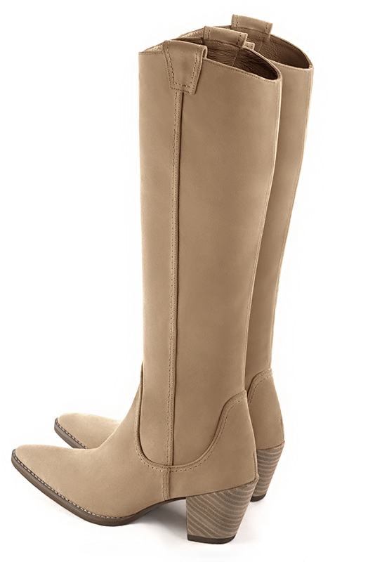 Tan beige women's cowboy boots. Tapered toe. Medium cone heels. Made to measure. Rear view - Florence KOOIJMAN